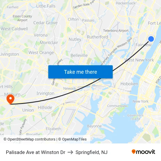 Palisade Ave at Winston Dr to Springfield, NJ map