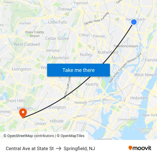 Central Ave at State St to Springfield, NJ map