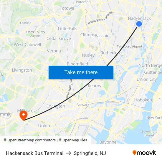 Hackensack Bus Terminal to Springfield, NJ map