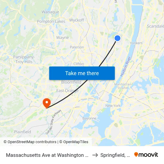 Massachusetts Ave at Washington Ave to Springfield, NJ map