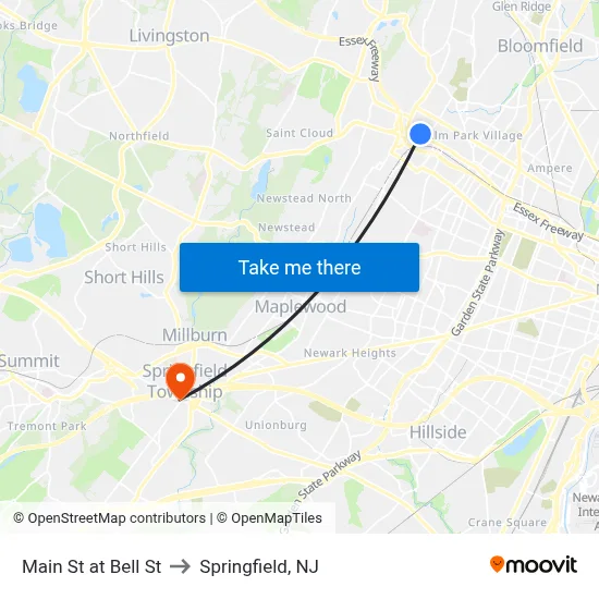 Main St at Bell St to Springfield, NJ map