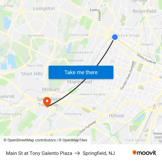 Main St at Tony Galento Plaza to Springfield, NJ map
