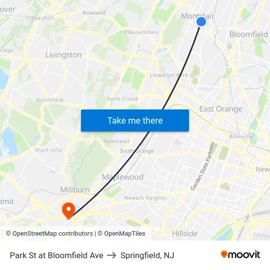Park St at Bloomfield Ave to Springfield, NJ map