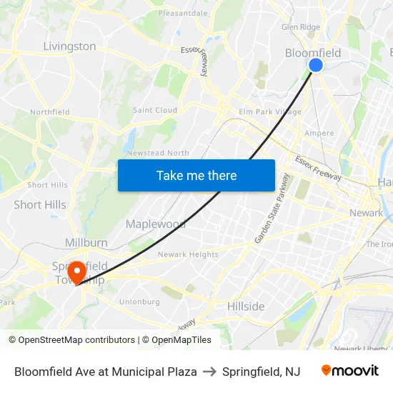 Bloomfield Ave at Municipal Plaza to Springfield, NJ map