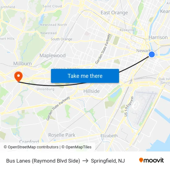Bus Lanes (Raymond Blvd Side) to Springfield, NJ map