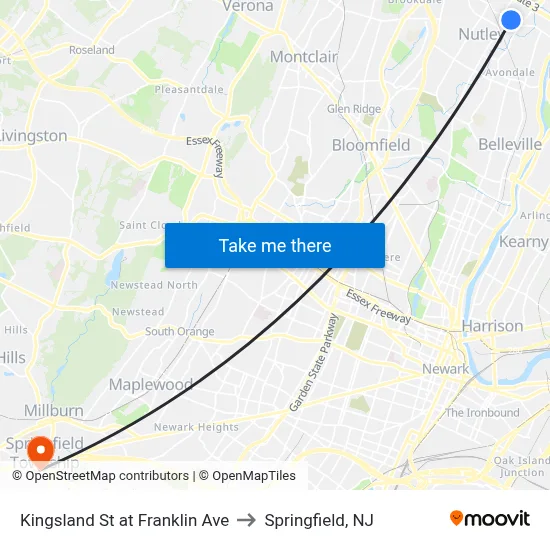 Kingsland St at Franklin Ave to Springfield, NJ map