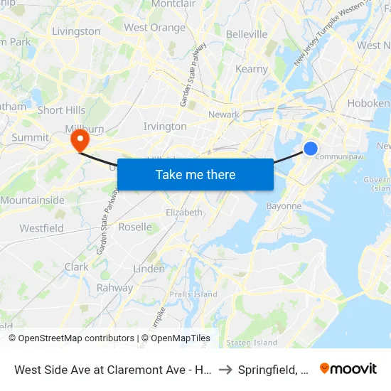 West Side Ave at Claremont Ave - Hblr to Springfield, NJ map