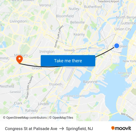 Congress St at Palisade Ave to Springfield, NJ map
