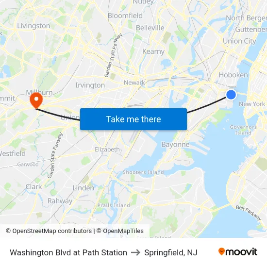 Washington Blvd at Path Station to Springfield, NJ map