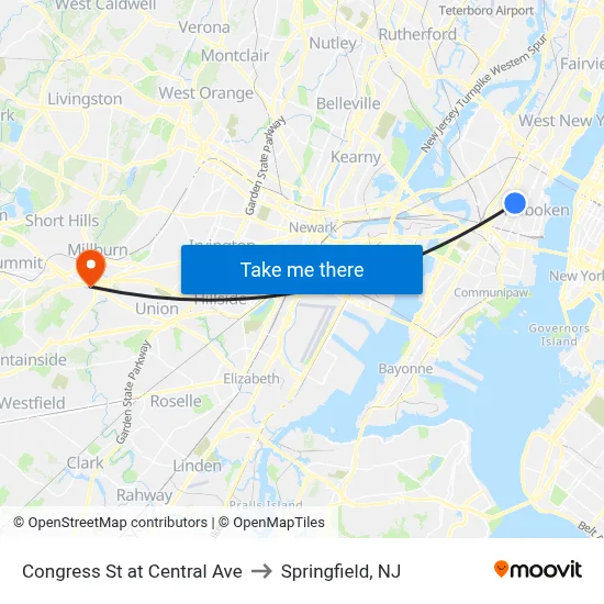 Congress St at Central Ave to Springfield, NJ map