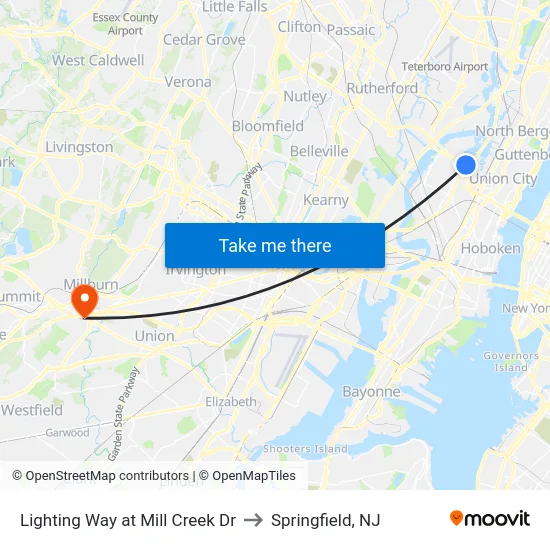 Lighting Way at Mill Creek Dr to Springfield, NJ map