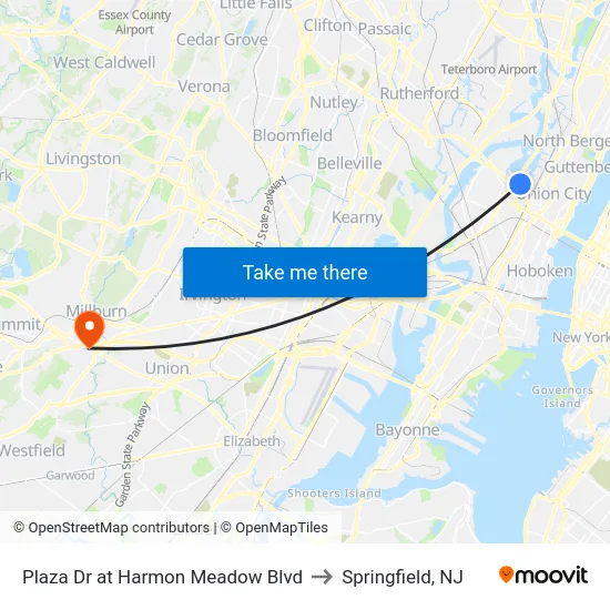Plaza Dr at Harmon Meadow Blvd to Springfield, NJ map