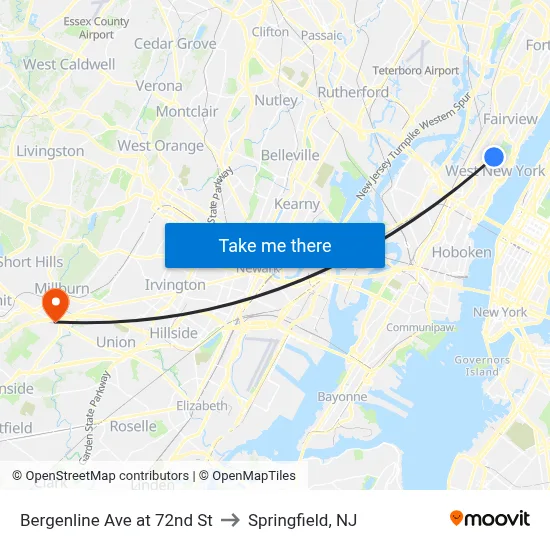 Bergenline Ave at 72nd St to Springfield, NJ map