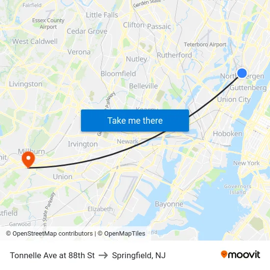 Tonnelle Ave at 88th St to Springfield, NJ map