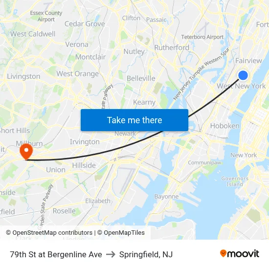 79th St at Bergenline Ave to Springfield, NJ map
