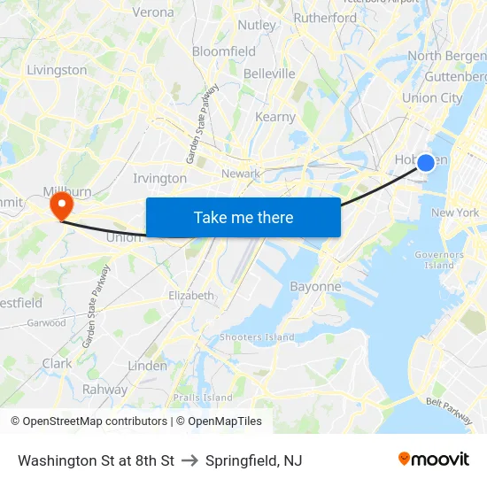 Washington St at 8th St to Springfield, NJ map