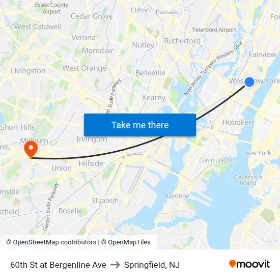60th St at Bergenline Ave to Springfield, NJ map