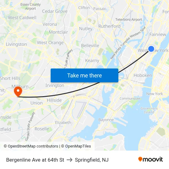 Bergenline Ave at 64th St to Springfield, NJ map