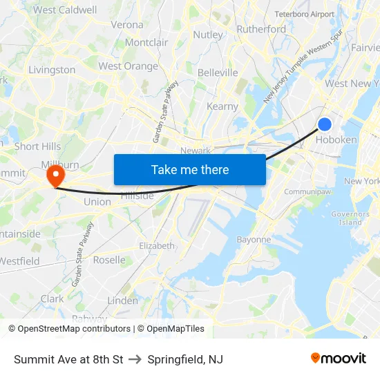 Summit Ave at 8th St to Springfield, NJ map