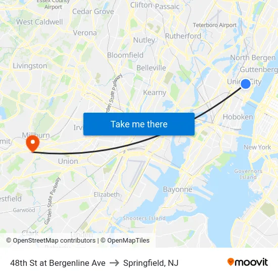 48th St at Bergenline Ave to Springfield, NJ map