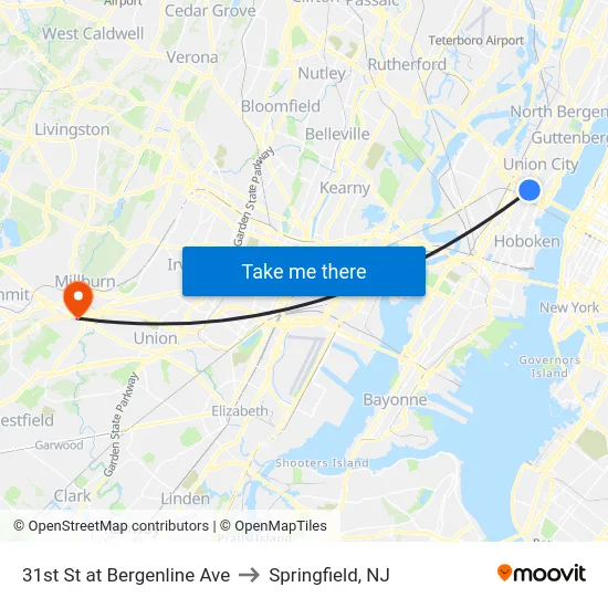 31st St at Bergenline Ave to Springfield, NJ map