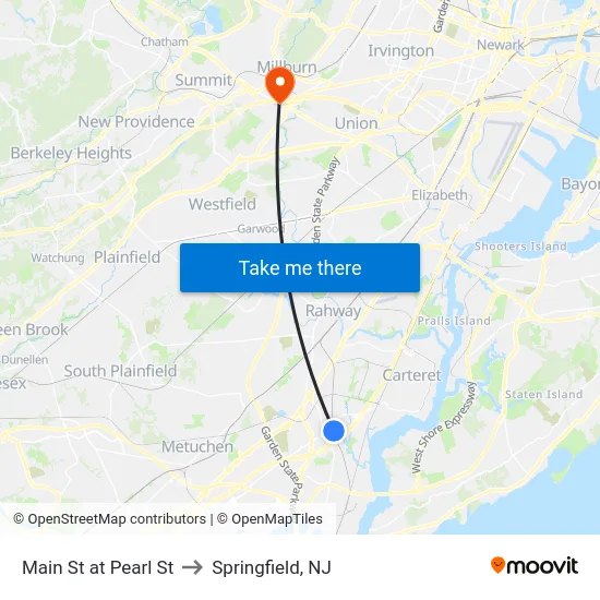 Main St at Pearl St to Springfield, NJ map