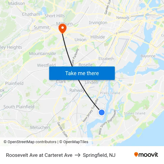 Roosevelt Ave at Carteret Ave to Springfield, NJ map