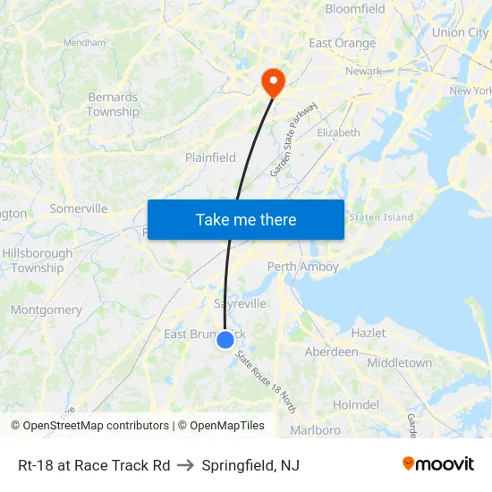 Rt-18 at Race Track Rd to Springfield, NJ map