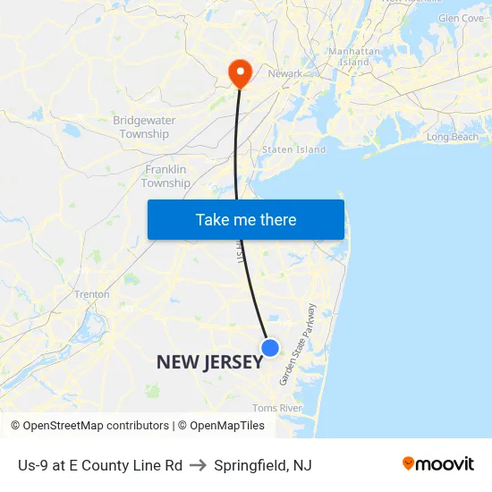 Us-9 at E County Line Rd to Springfield, NJ map