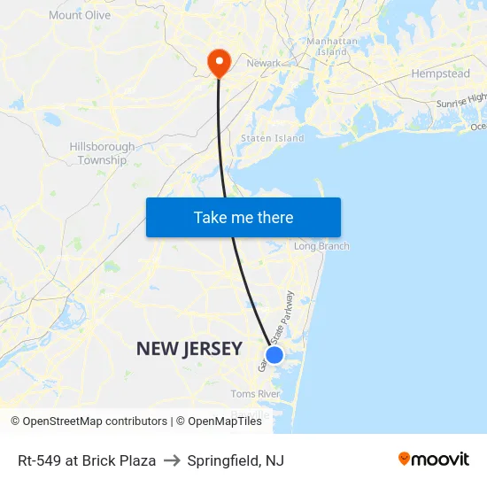Rt-549 at Brick Plaza to Springfield, NJ map