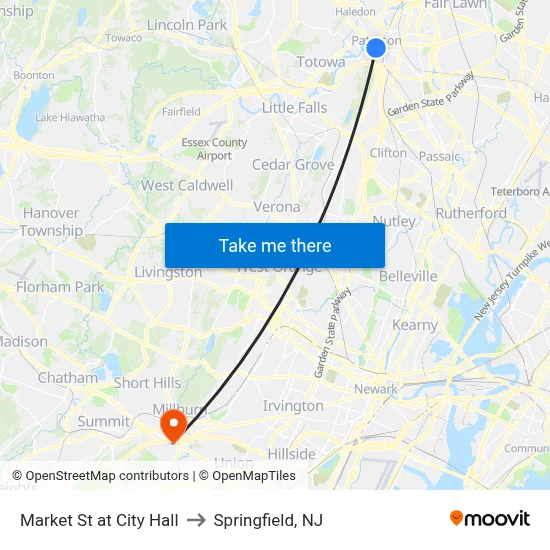 Market St at City Hall to Springfield, NJ map