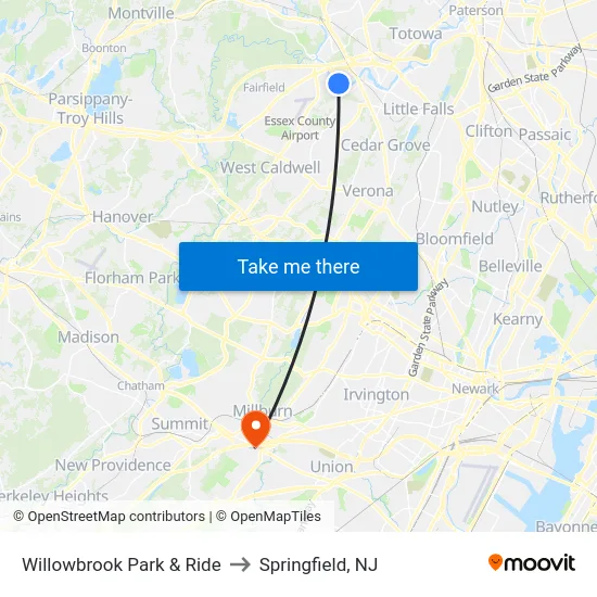 Willowbrook Park & Ride to Springfield, NJ map