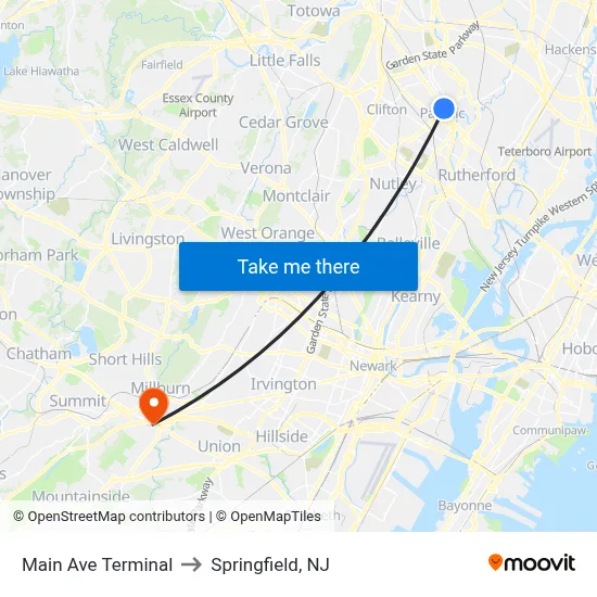 Main Ave Terminal to Springfield, NJ map