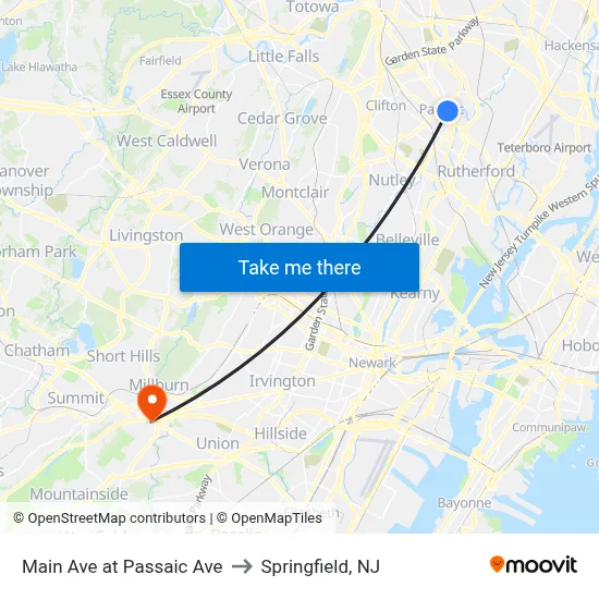 Main Ave at Passaic Ave to Springfield, NJ map