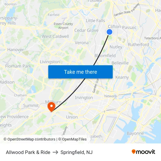 Allwood Park & Ride to Springfield, NJ map