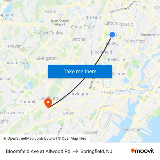 Bloomfield Ave at Allwood Rd to Springfield, NJ map