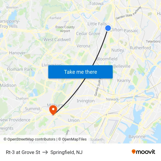 Rt-3 at Grove St to Springfield, NJ map