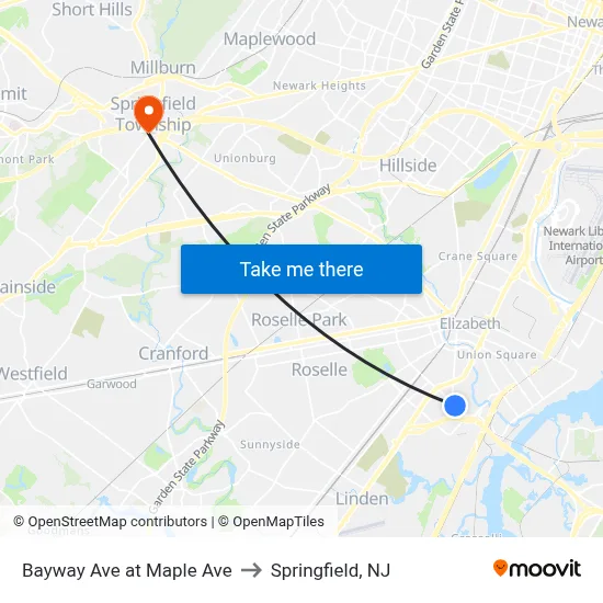 Bayway Ave at Maple Ave to Springfield, NJ map