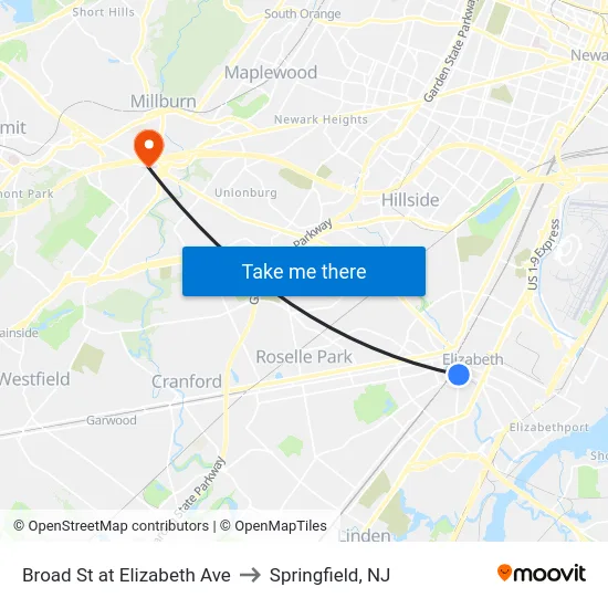 Broad St at Elizabeth Ave to Springfield, NJ map