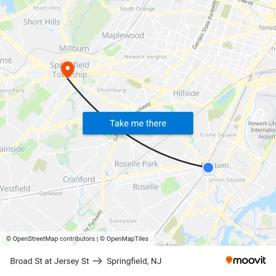 Broad St at Jersey St to Springfield, NJ map