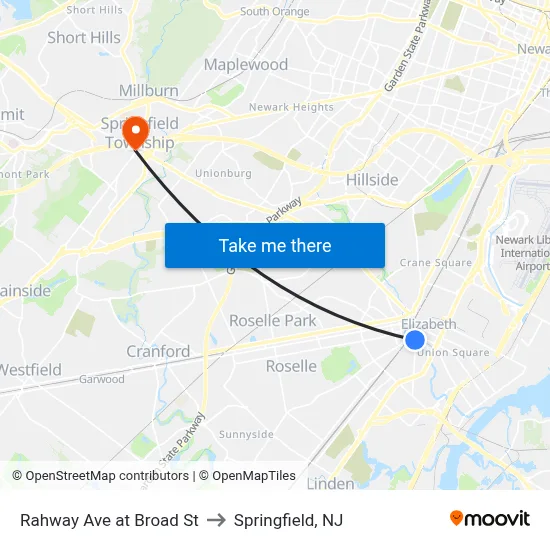 Rahway Ave at Broad St to Springfield, NJ map