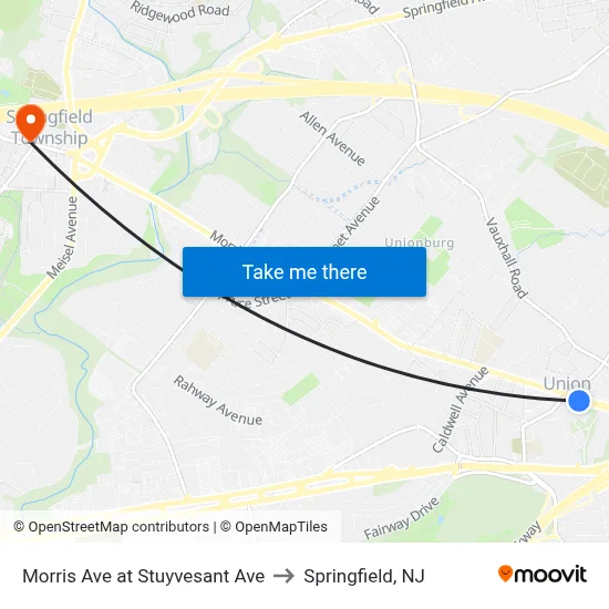 Morris Ave at Stuyvesant Ave to Springfield, NJ map