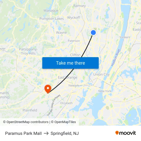 Paramus Park Mall to Springfield, NJ map