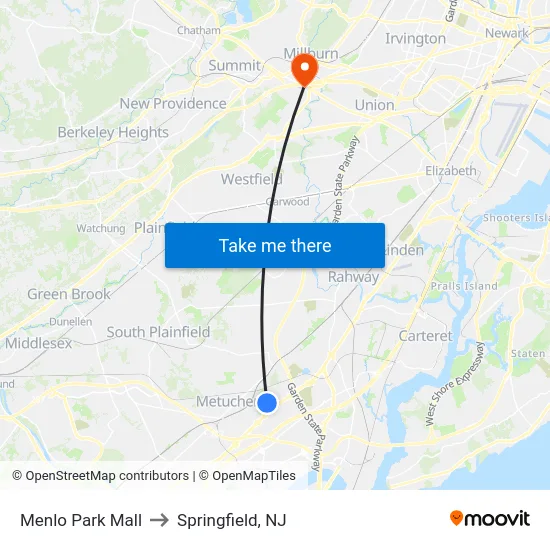 Menlo Park Mall to Springfield, NJ map