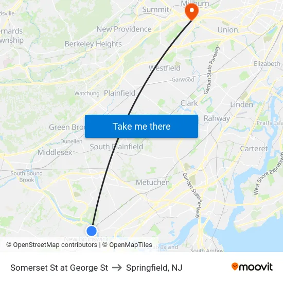 Somerset St at George St to Springfield, NJ map