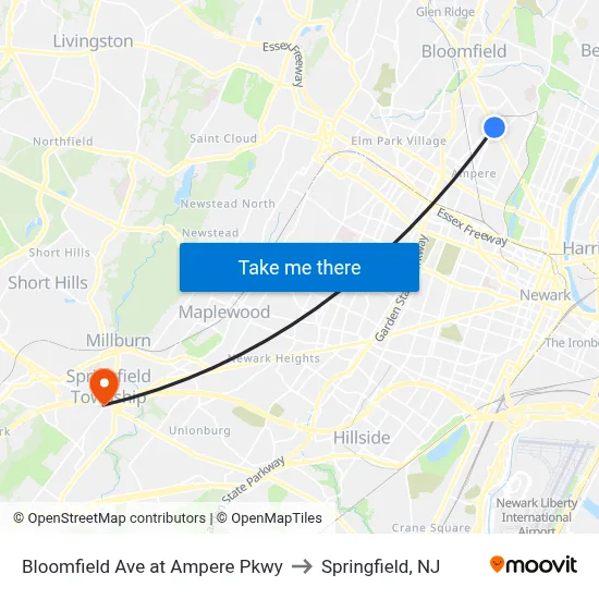 Bloomfield Ave at Ampere Pkwy to Springfield, NJ map