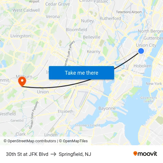 30th St at JFK Blvd to Springfield, NJ map