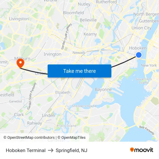 Hoboken Terminal to Springfield, NJ map