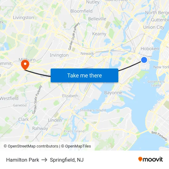 Hamilton Park to Springfield, NJ map