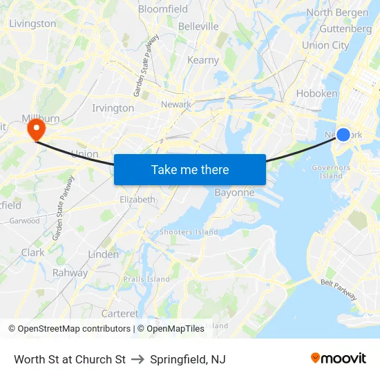 Worth St at Church St to Springfield, NJ map